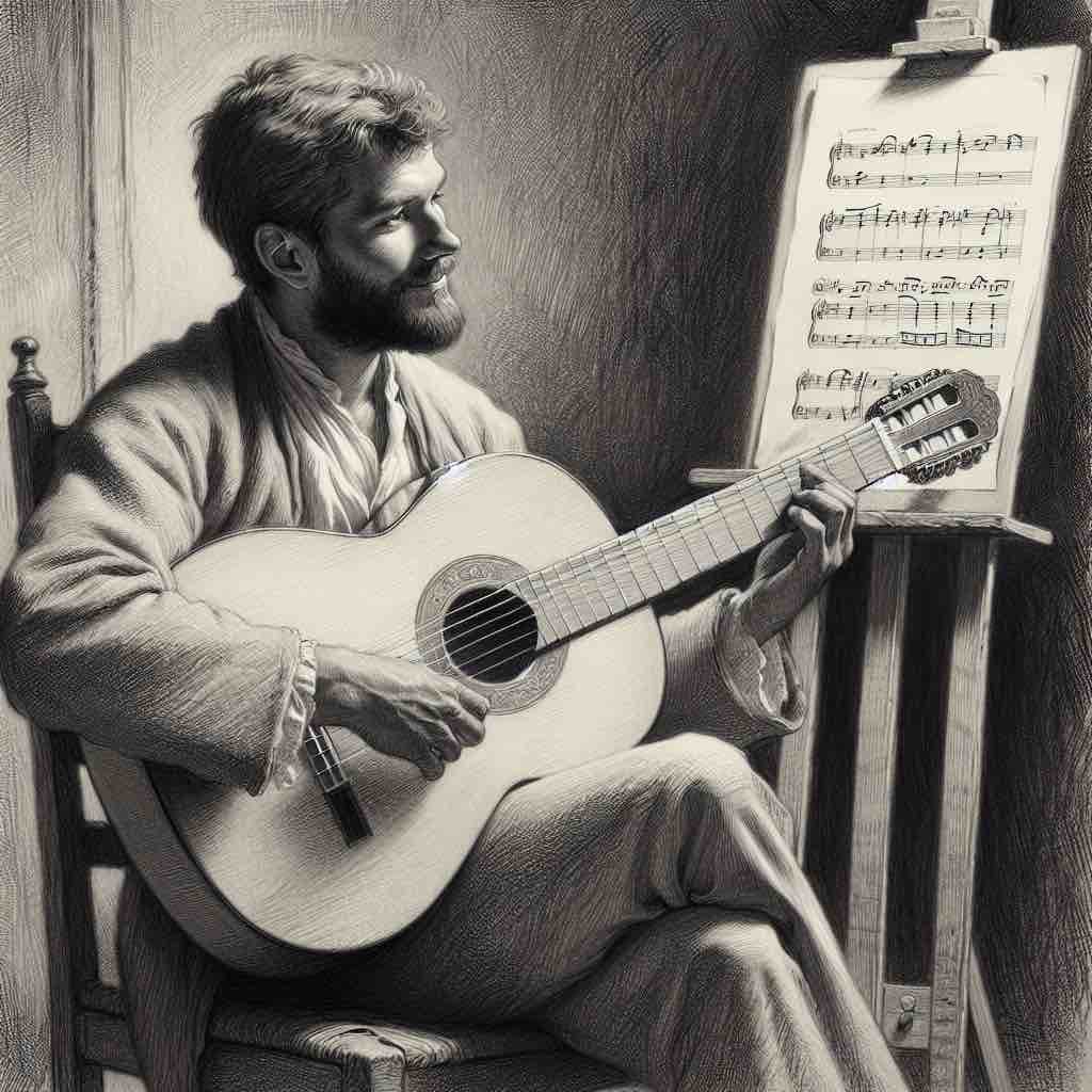 A man contemplates some sheet music while holding a guitar